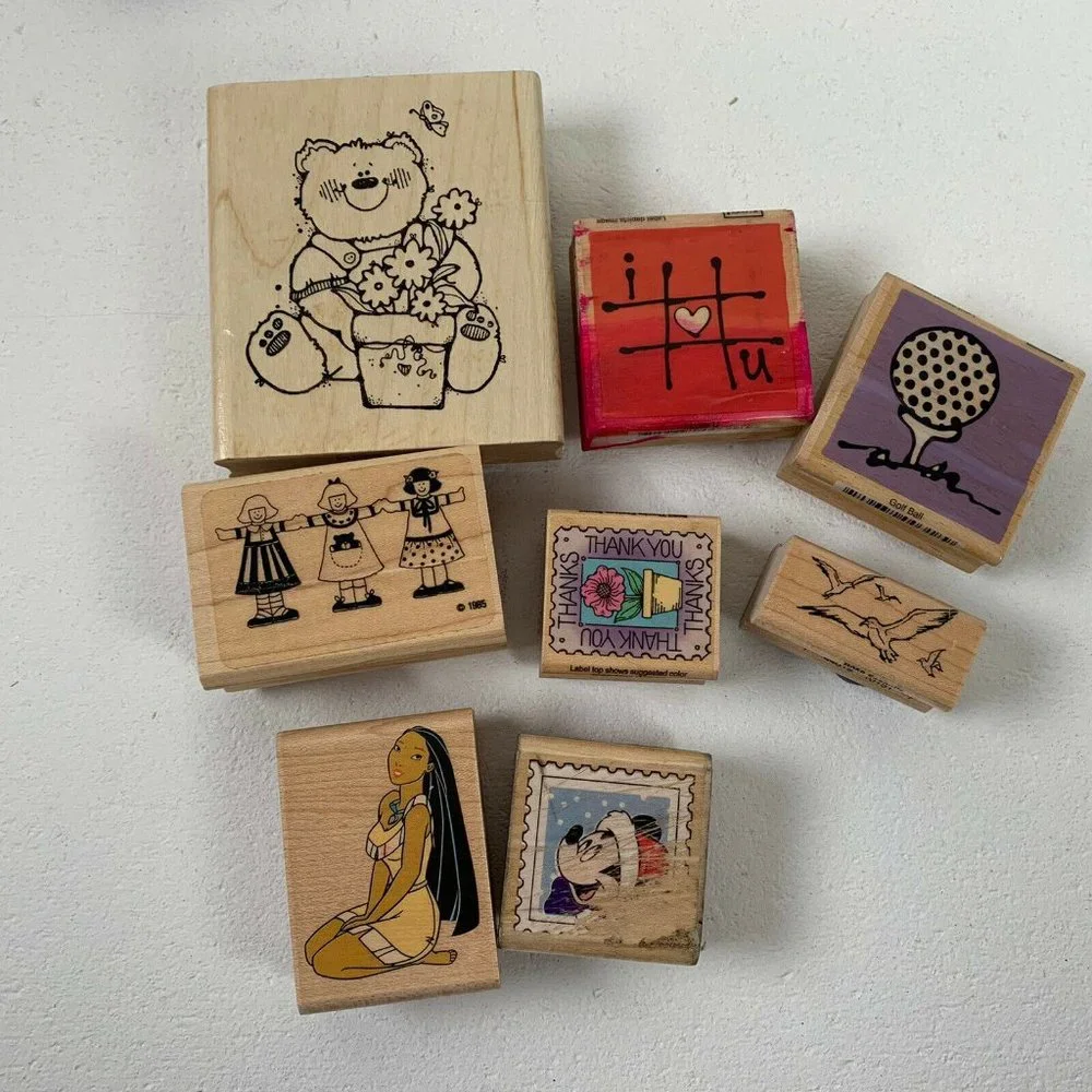 Large Lot of Rubber and Wooden Stamps 44 Mixed Themes Sports Flower